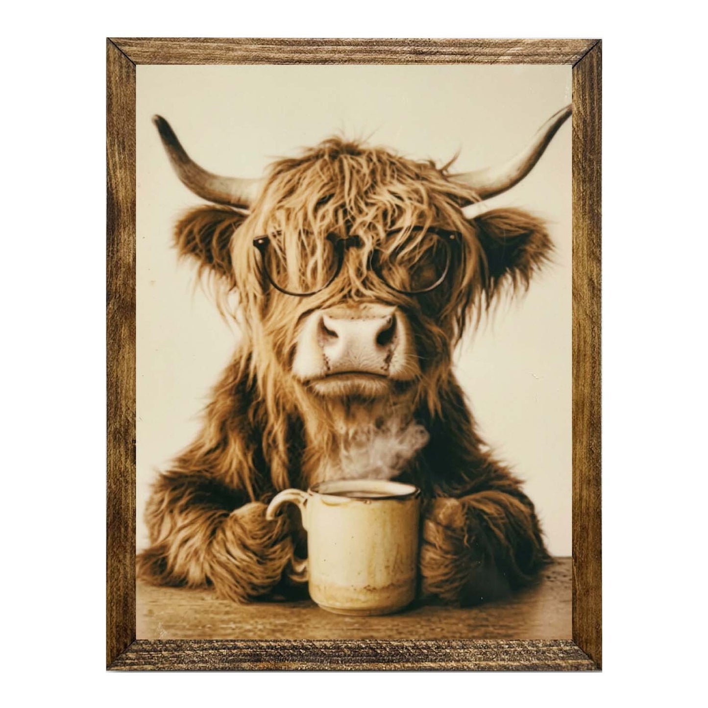 Highland Cow with Glasses & Coffee Framed Wall Artwork