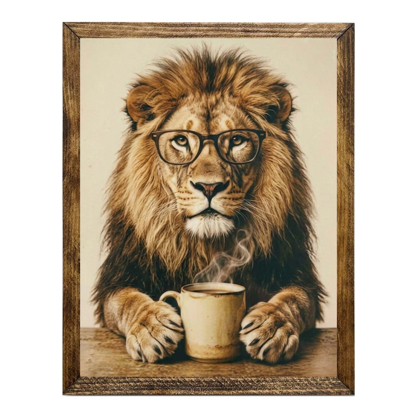 Majestic Lion with Glasses & Coffee Framed Wall Artwork