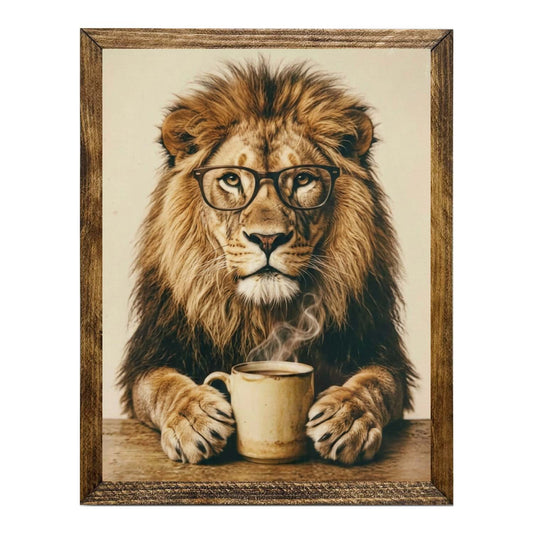 Majestic Lion with Glasses & Coffee Framed Wall Artwork