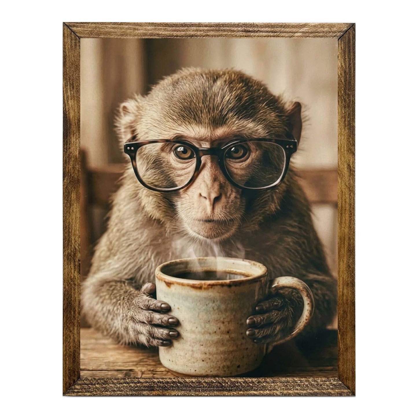 Whimsical Monkey with Glasses & Coffee Framed Wall Artwork