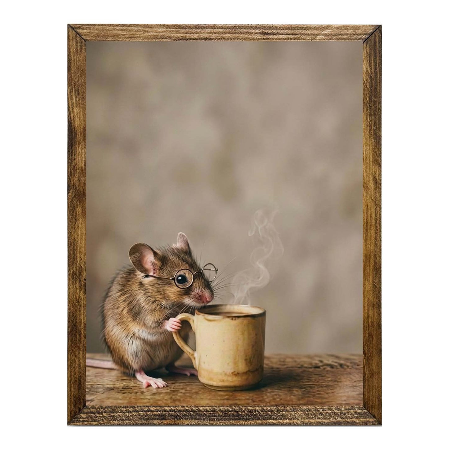 Cute Brown Mouse with Glasses & Coffee Framed Wall Artwork