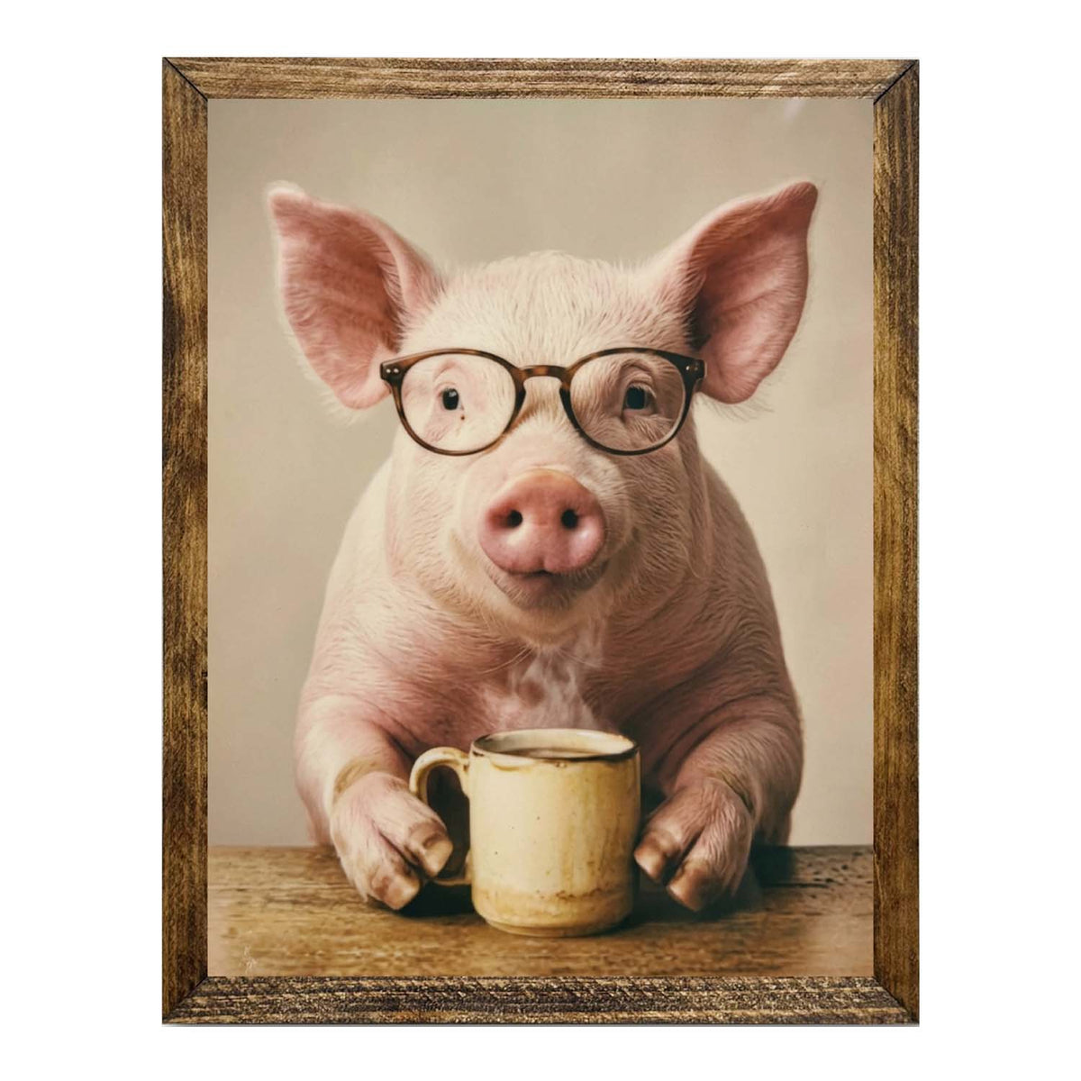 Adorable Pink Pig with Glasses & Coffee Framed Wall Artwork