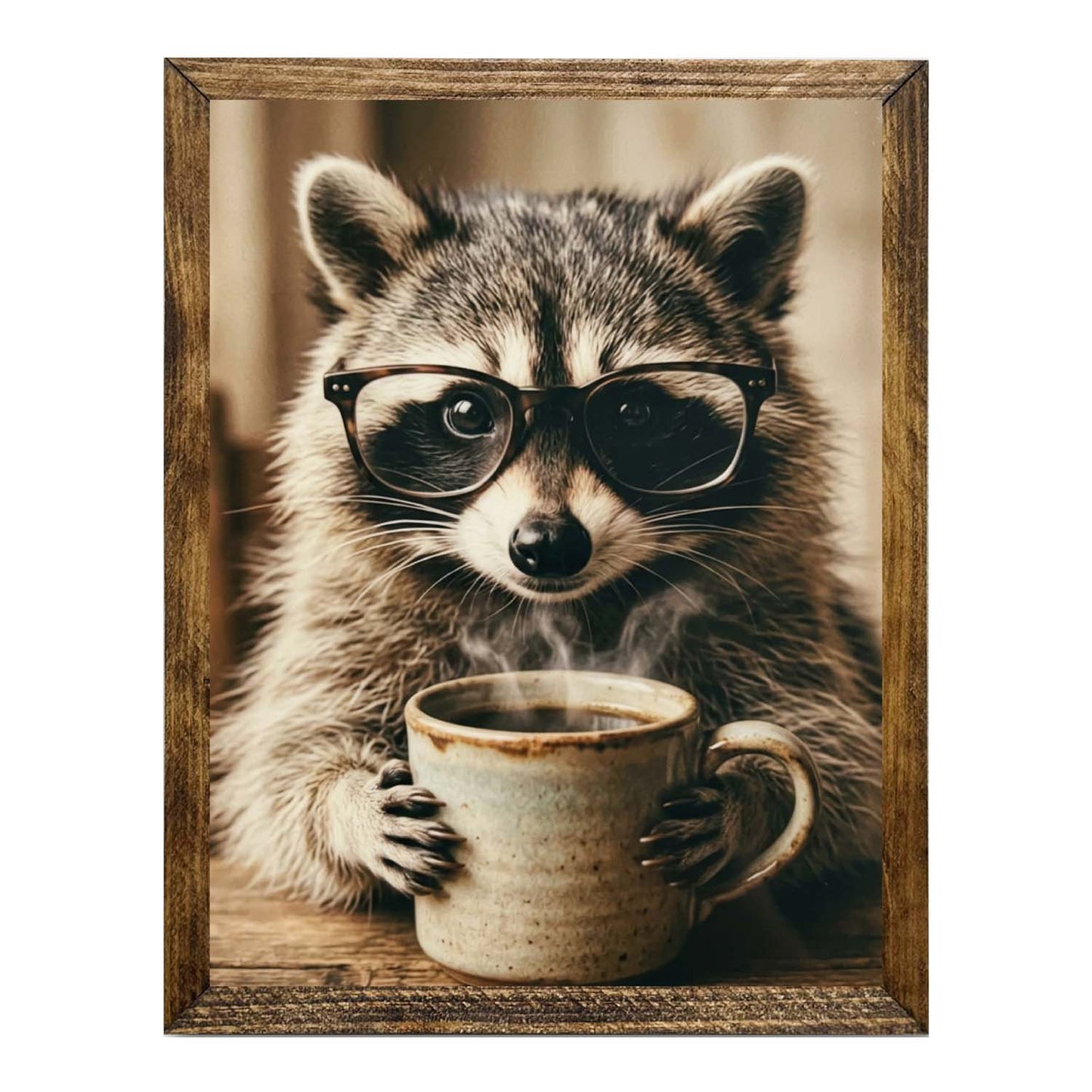 Adorable Raccoon with Glasses & Coffee Framed Wall Artwork