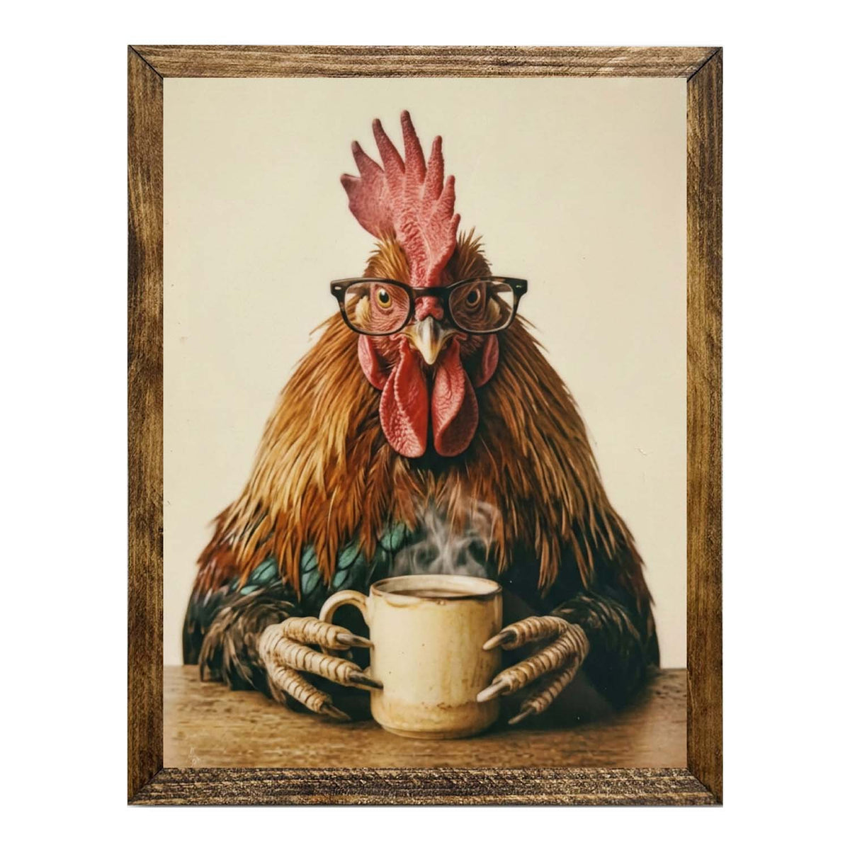Quirky Rooster with Black-Rimmed Glasses & Coffee Framed Wall Artwork