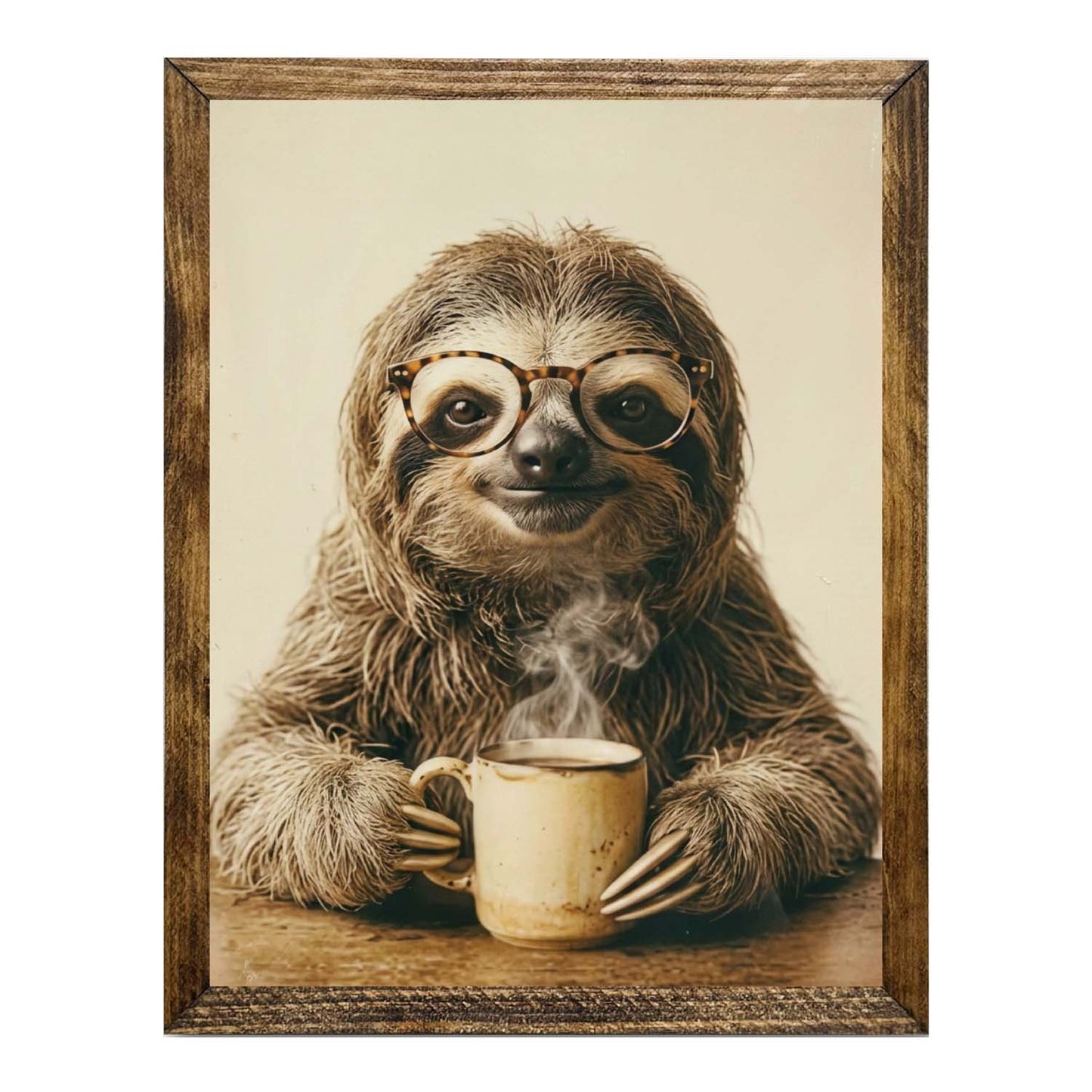 Adorable Sloth with Tortoiseshell Glasses & Coffee Framed Wall Artwork