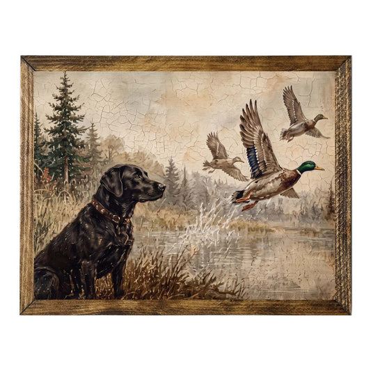 Rustic Black Labrador Retriever by the Water Wall Art Print