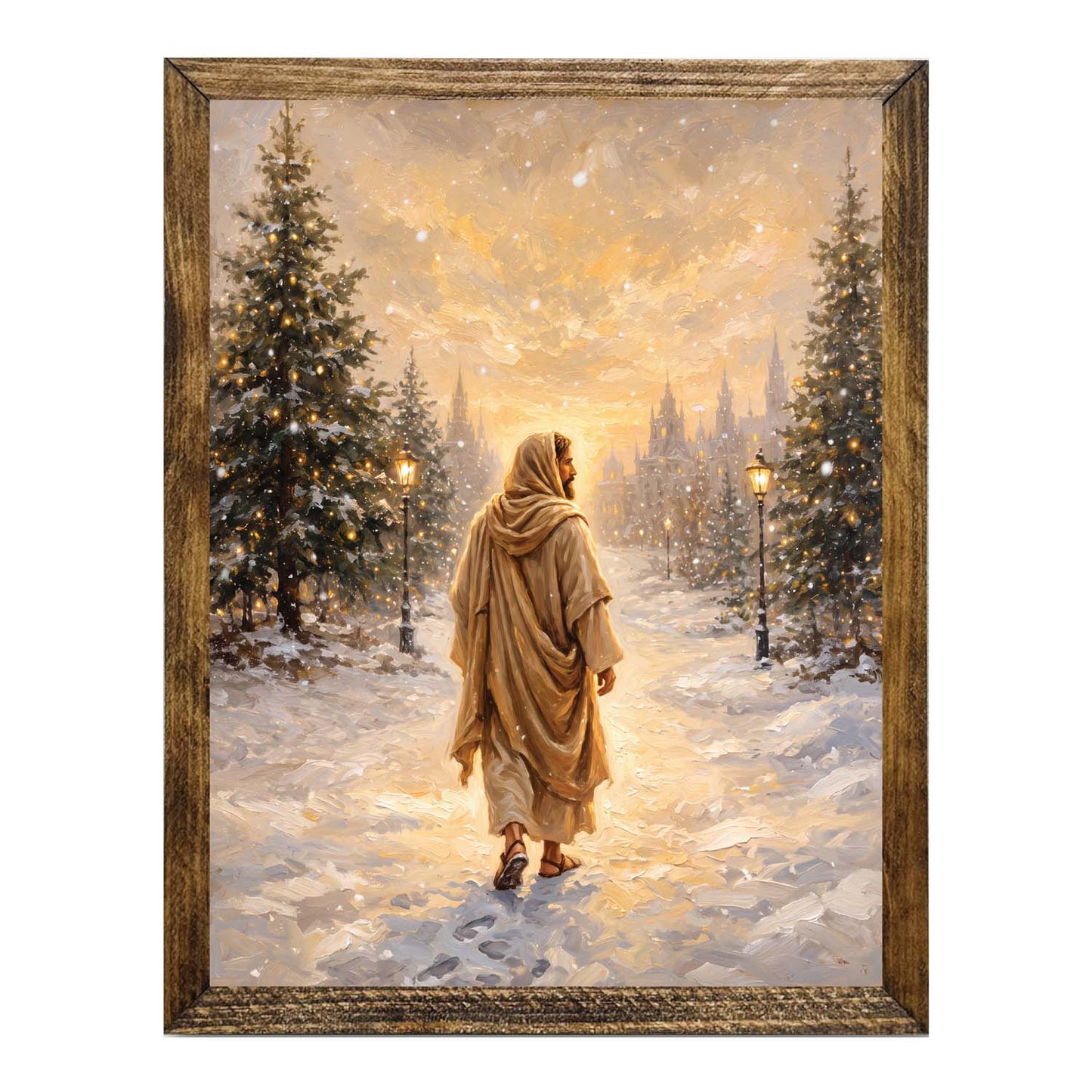Jesus Walking in the Snow Wall Art – Rustic Winter Christian Decor