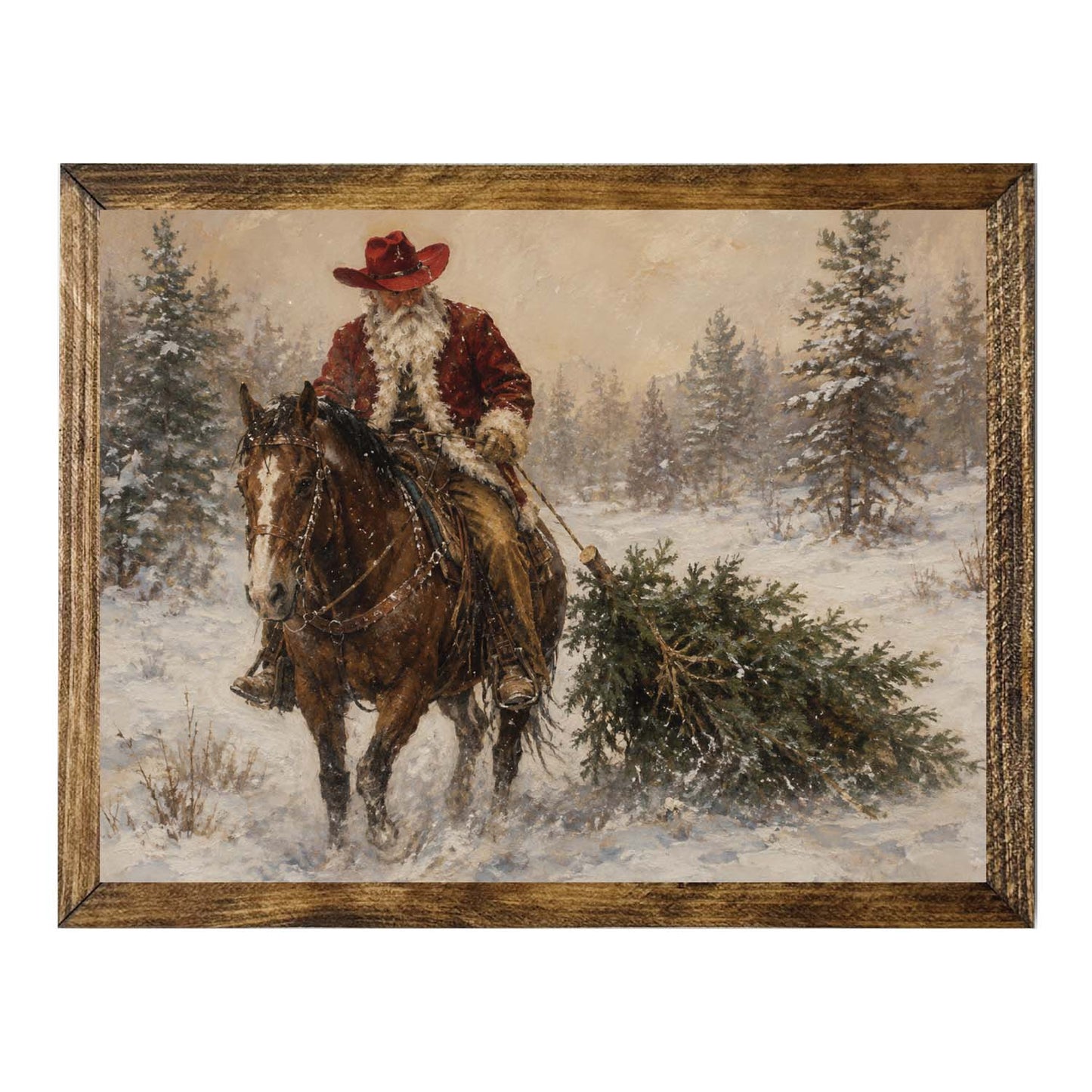 Cowboy Christmas Wall Art – Vintage Santa on Horseback Winter Print
