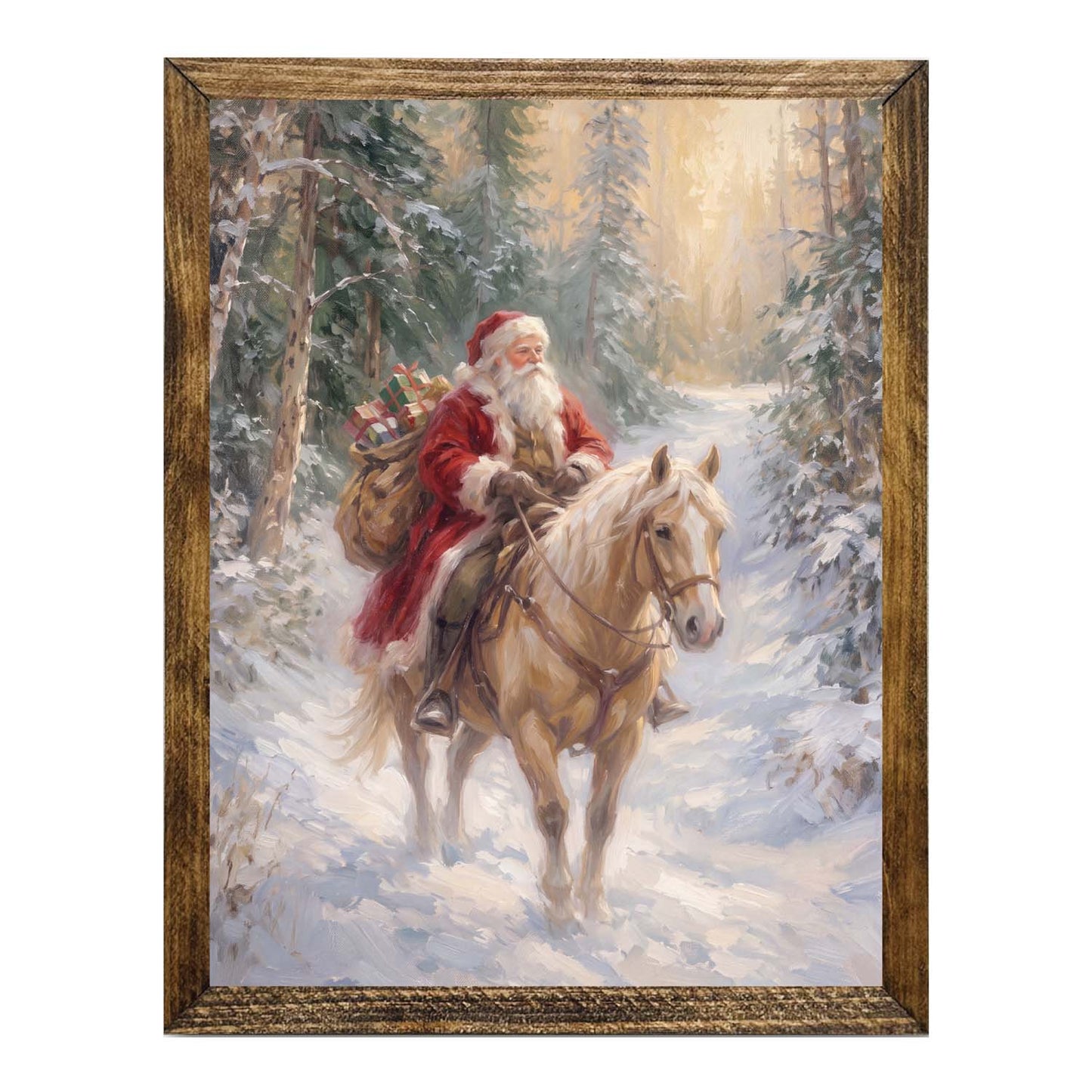 Santa Riding Horse Wall Art – Vintage Christmas Winter Forest Print
