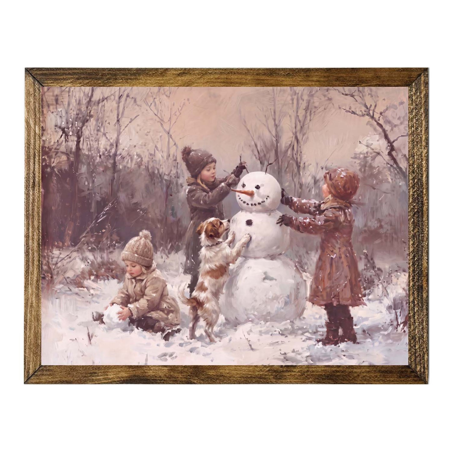 Vintage Children Building a Snowman Wall Art – Rustic Winter Print