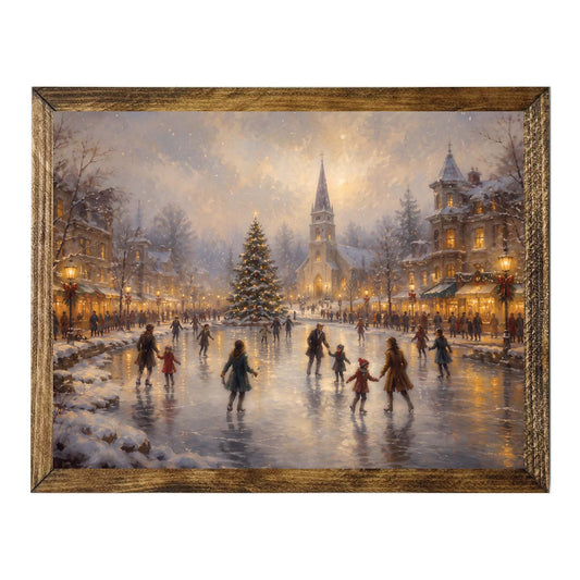 Vintage Christmas Ice Skating Wall Art – Snowy Village Winter Print