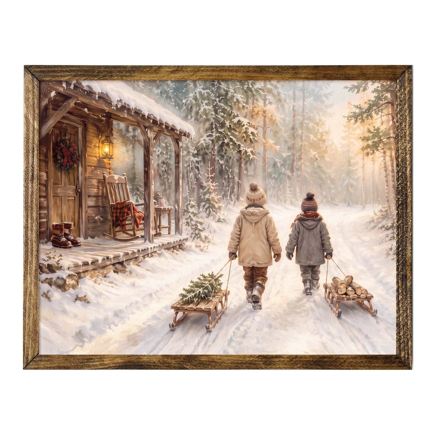 Children Pulling Sleds Wall Art – Vintage Christmas Cabin Winter Print