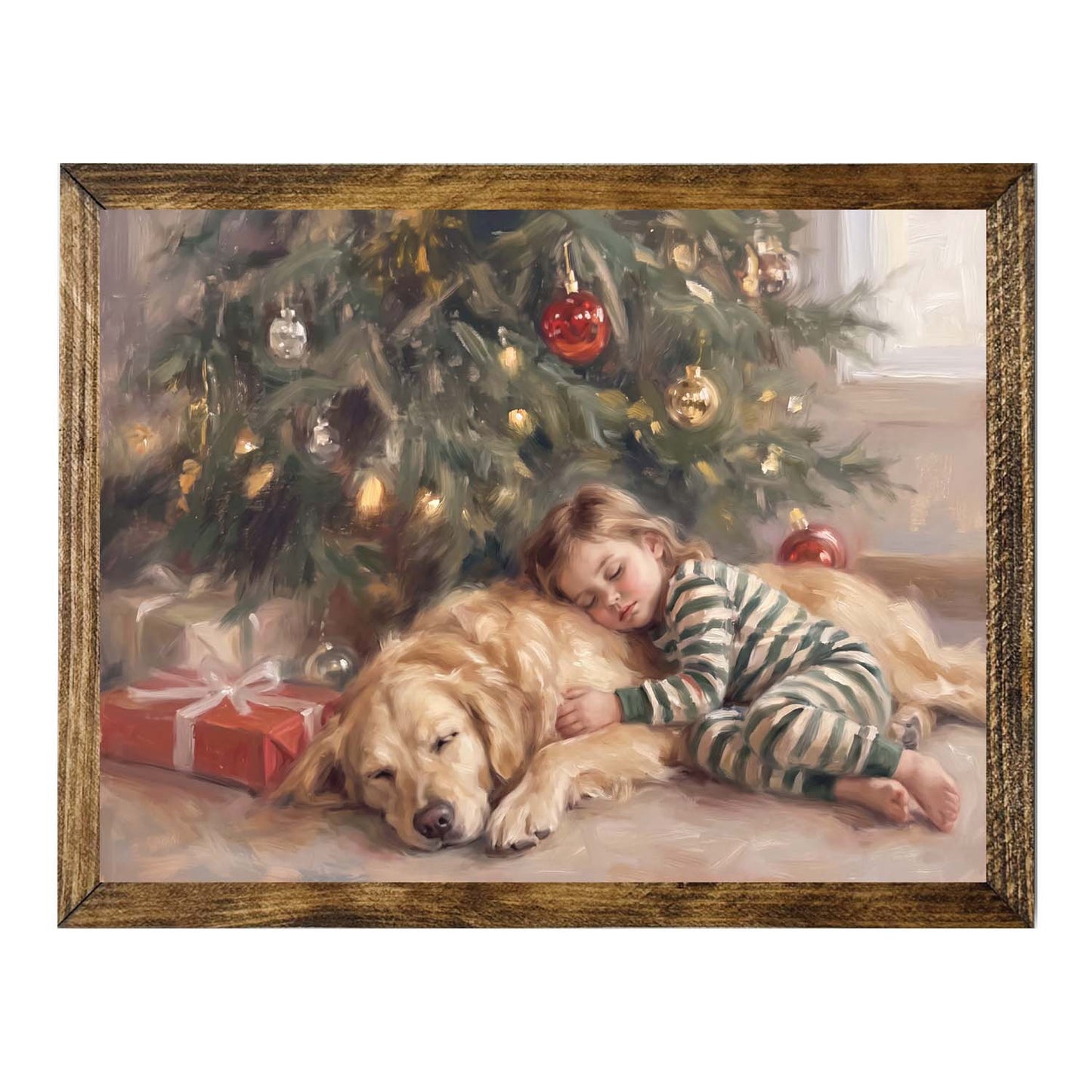 Christmas Child & Golden Retriever Wall Art – Nostalgic Holiday Painting