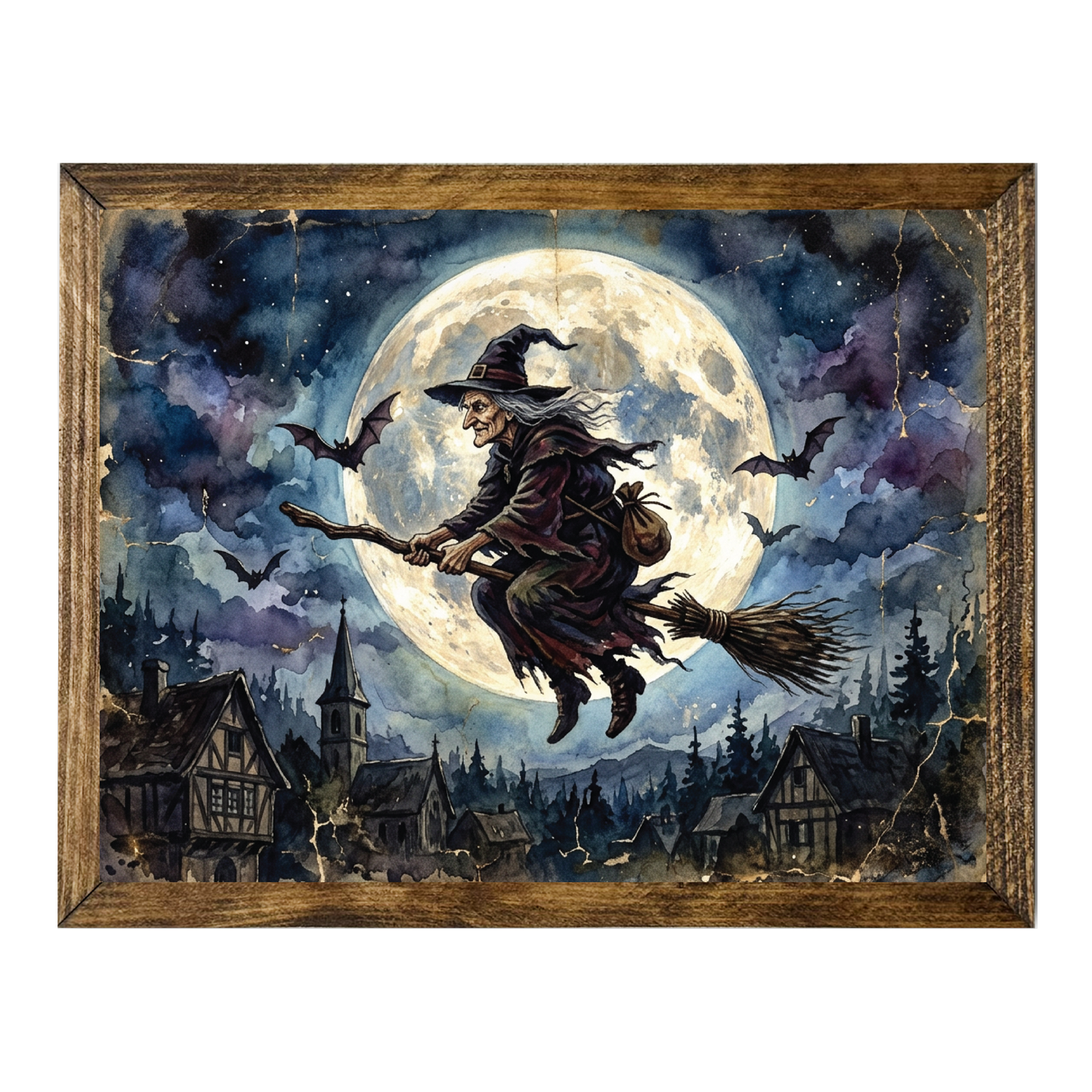 Witch on Broomstick Under Moon Spooky Halloween
