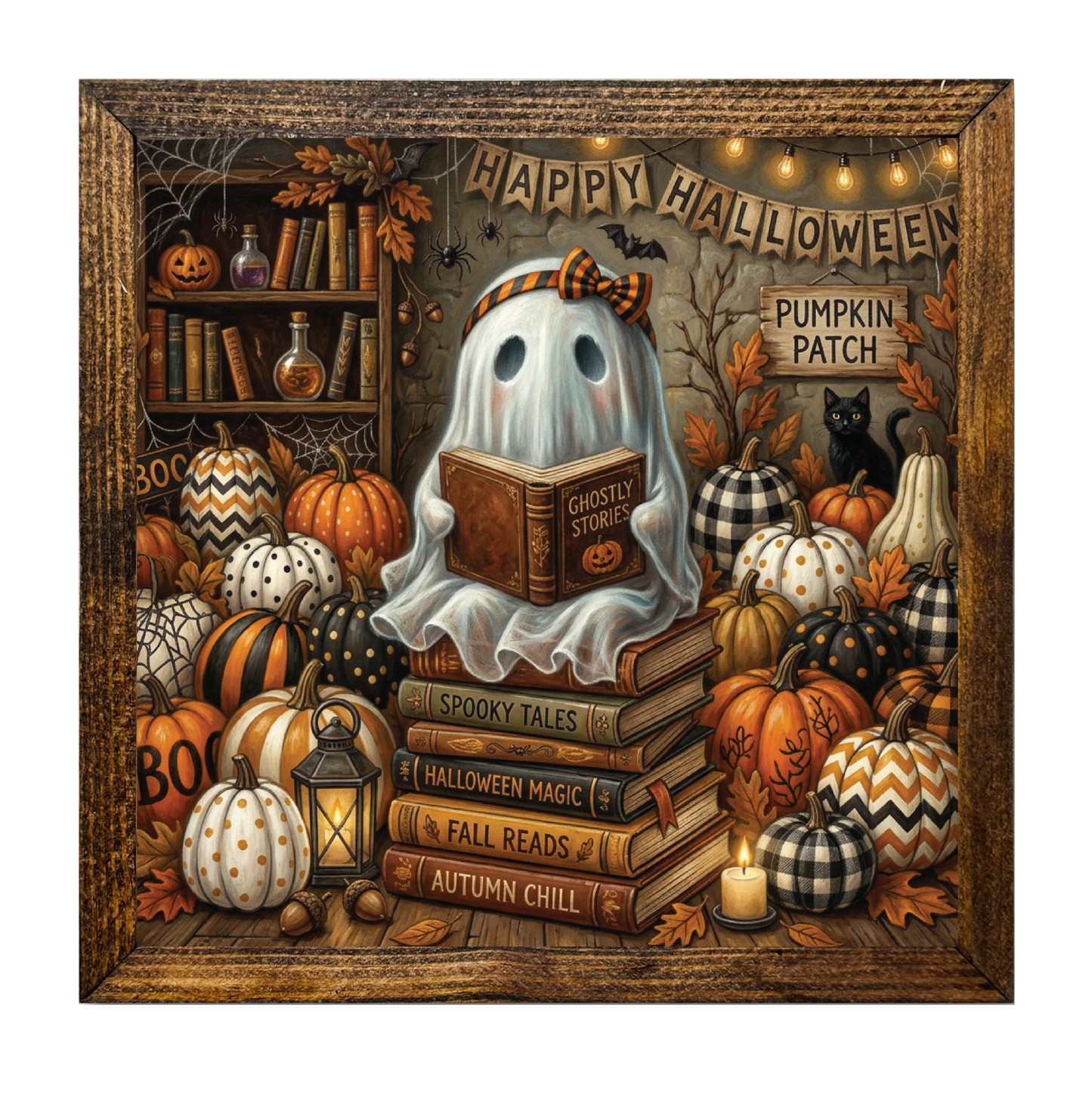 Cozy Ghost Reading Book Autumn Pumpkin Patch