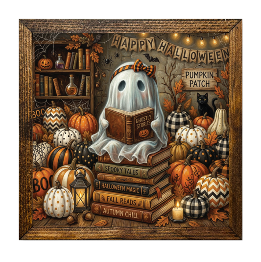Cozy Ghost Reading Book Autumn Pumpkin Patch