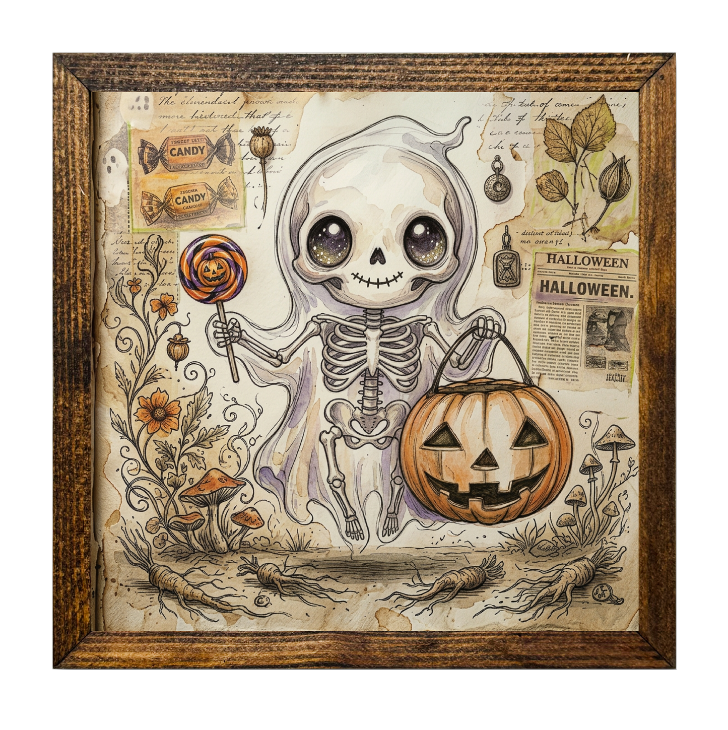 Ghost Skeleton with Jack-O'-Lantern Bucket and Lollipop