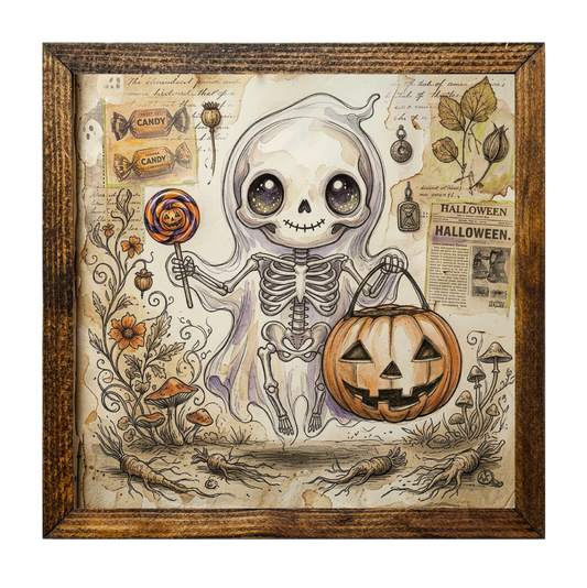 Ghost Skeleton with Jack-O'-Lantern Bucket and Lollipop