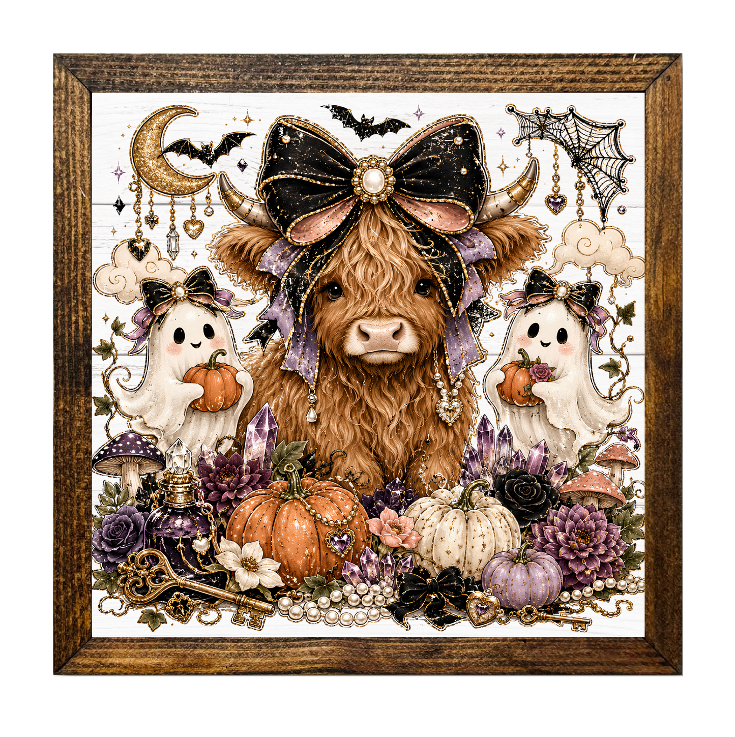 Highland Cow with Ghosts and Pumpkins Halloween