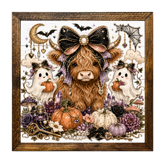 Highland Cow with Ghosts and Pumpkins Halloween