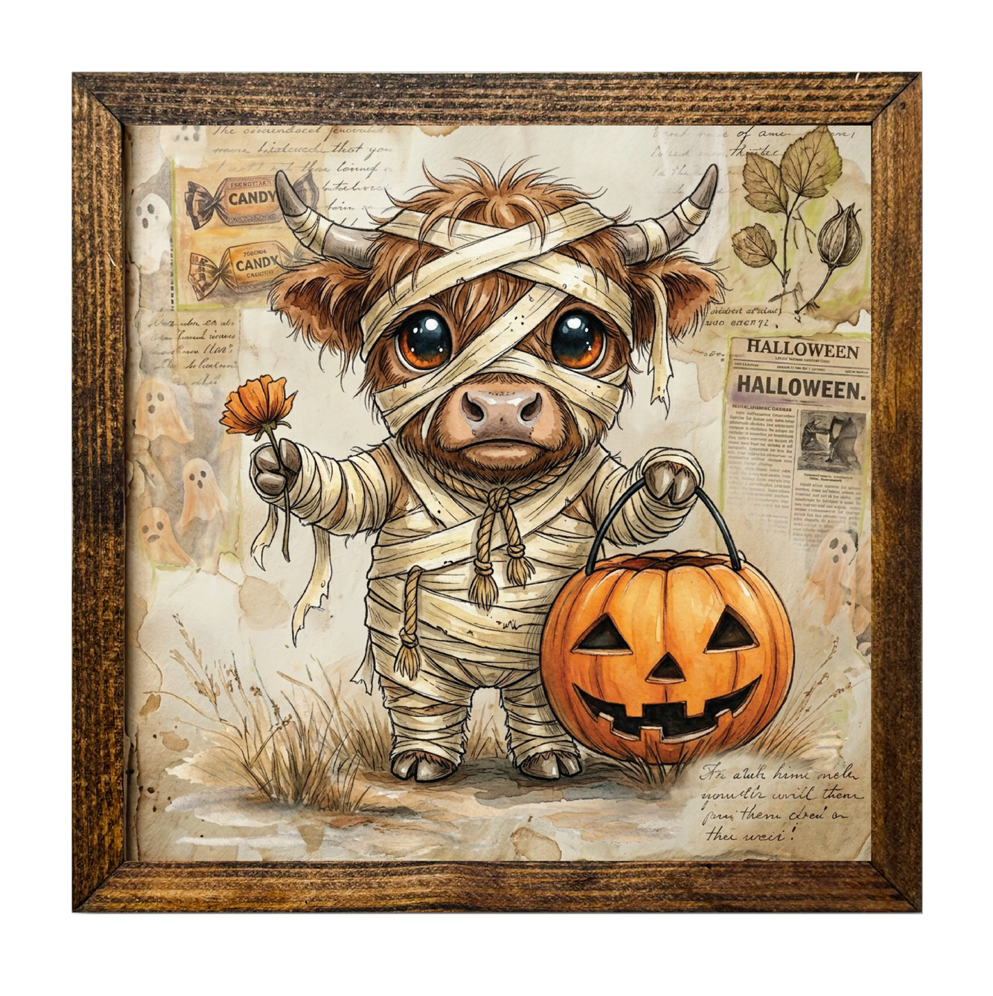 Highland Cow Mummy Holding Pumpkin Halloween