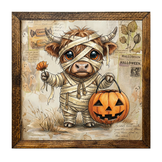 Highland Cow Mummy Holding Pumpkin Halloween
