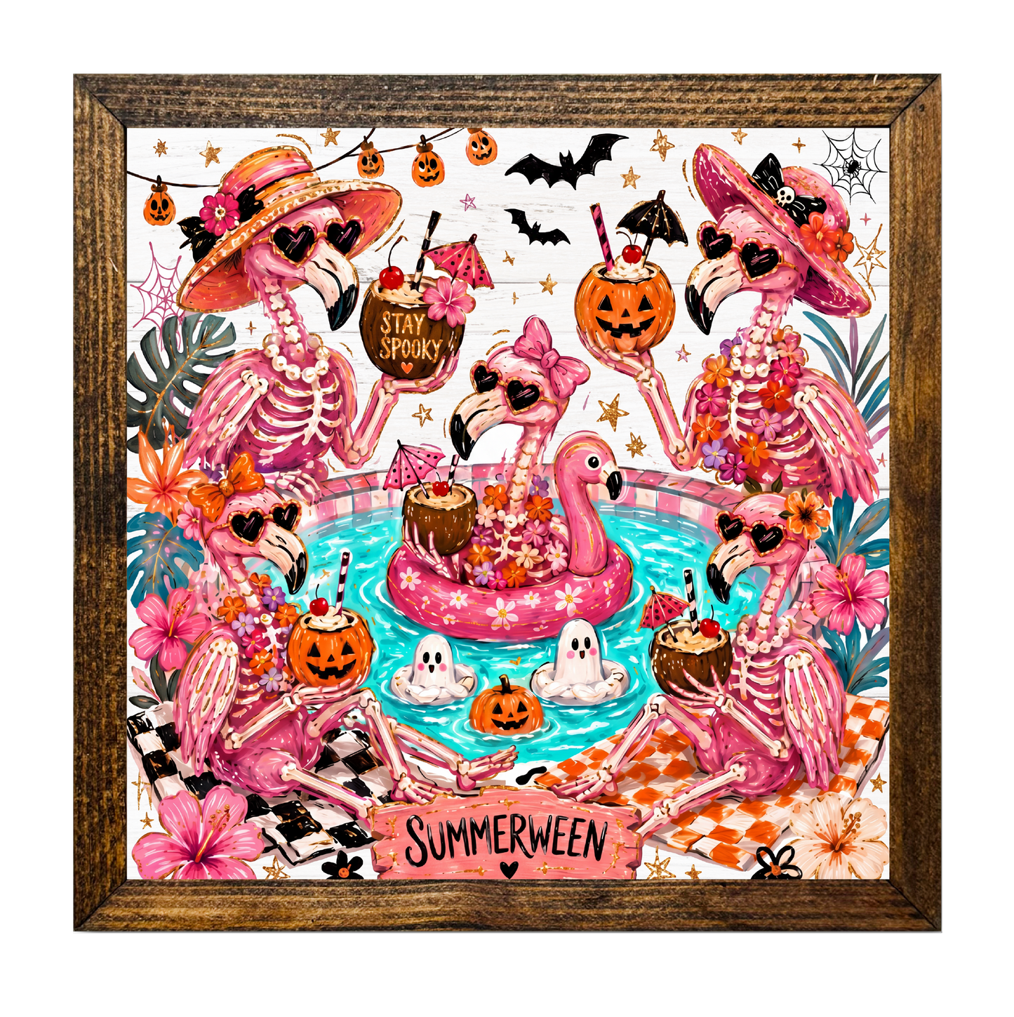 Spooky Poolside Skeleton Flamingos Summer