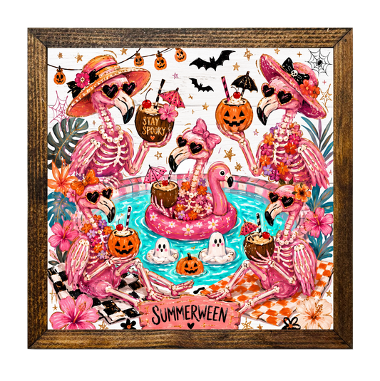 Spooky Poolside Skeleton Flamingos Summer