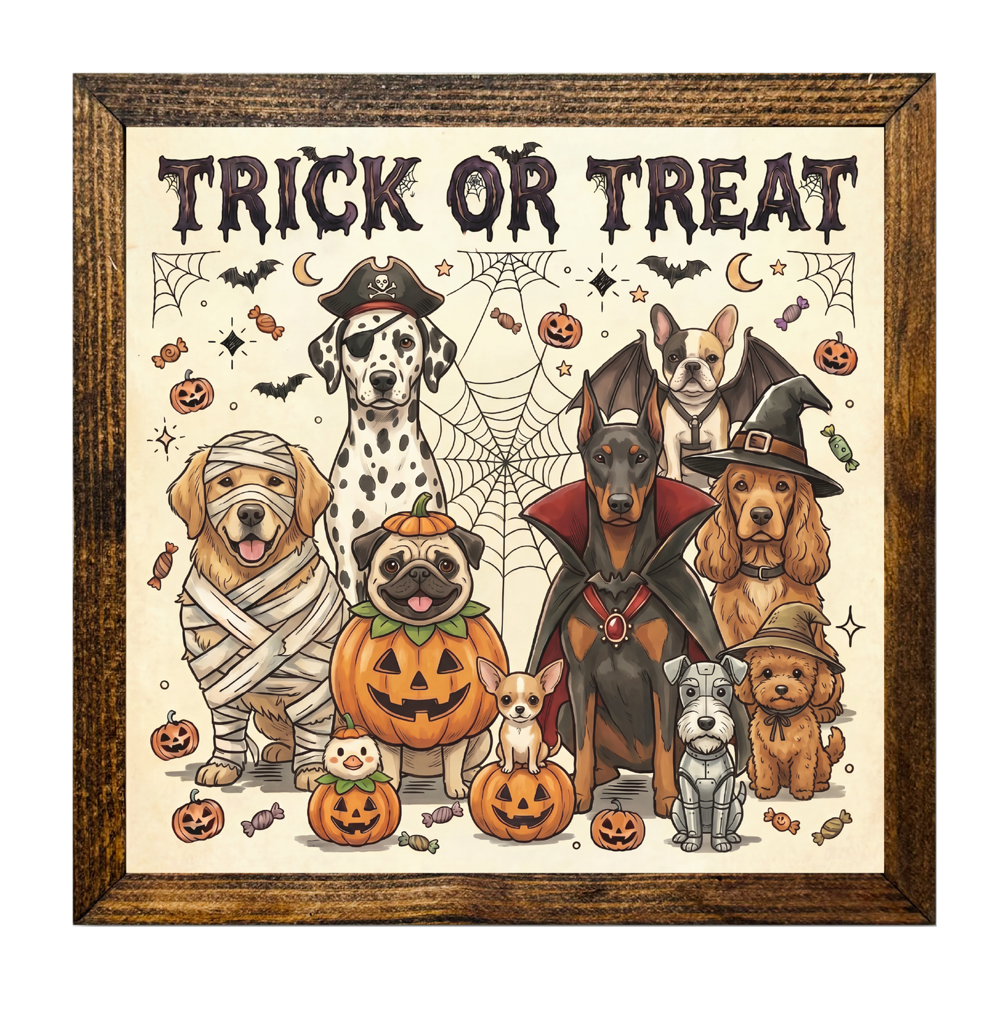 Trick or Treat Halloween Scene Dog Breeds in Colorful Costumes
