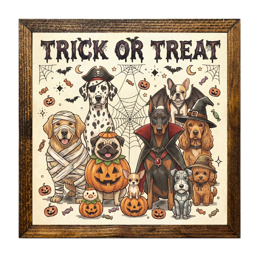 Trick or Treat Halloween Scene Dog Breeds in Colorful Costumes