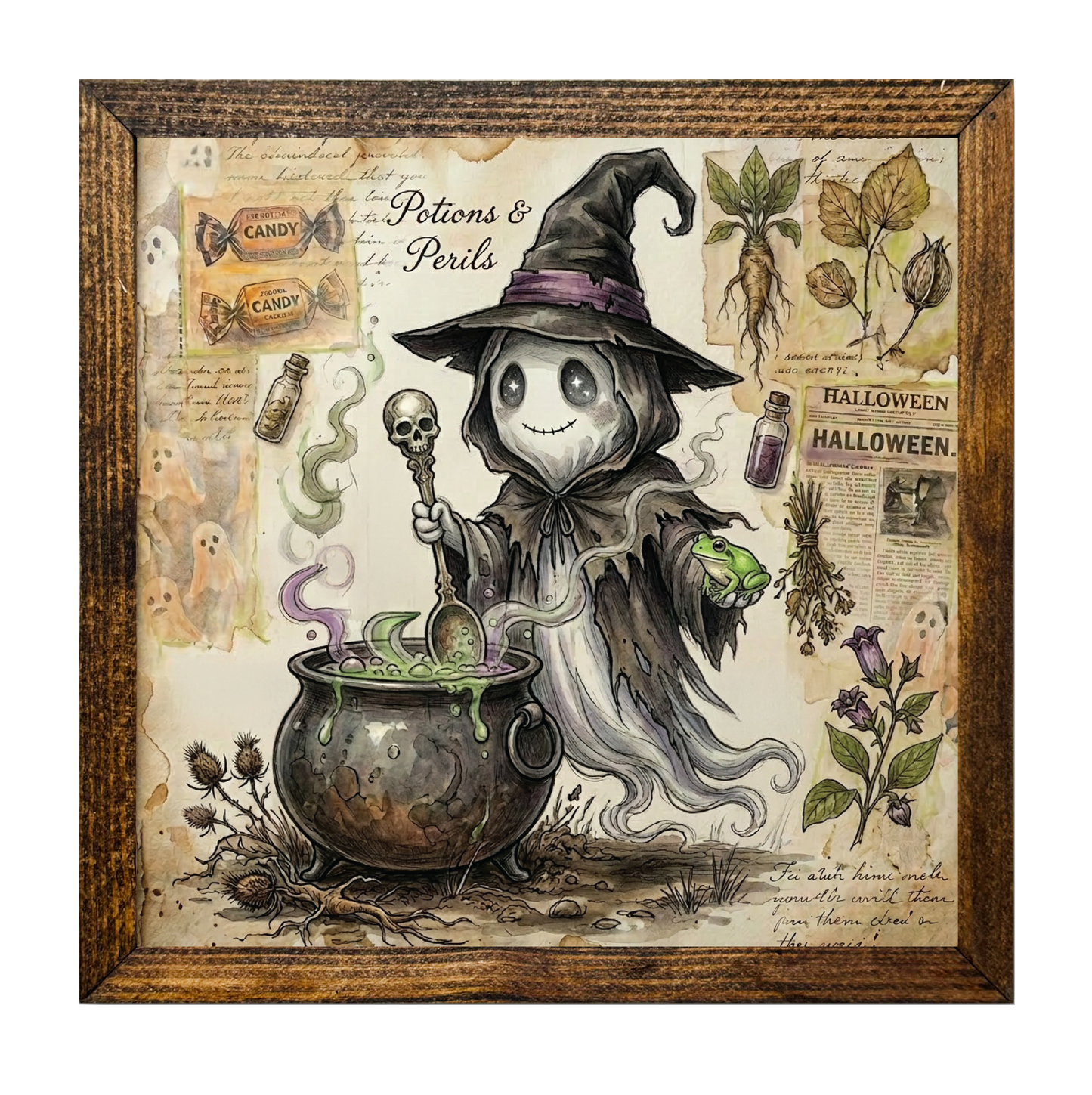 Magical Ghost Witch Halloween Scene Brewing Potion in Cauldron