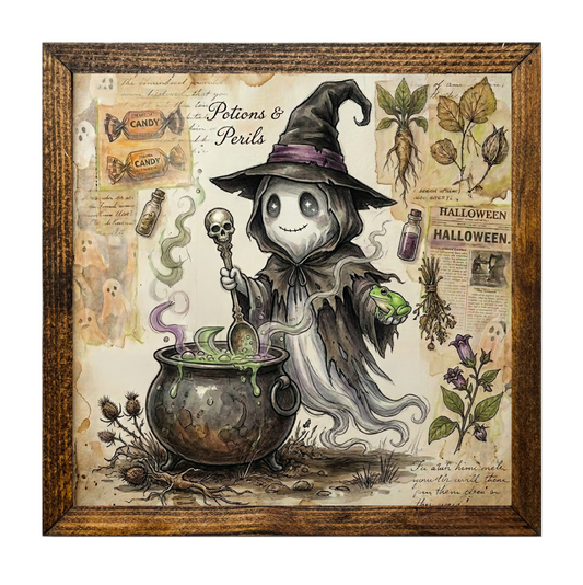 Magical Ghost Witch Halloween Scene Brewing Potion in Cauldron