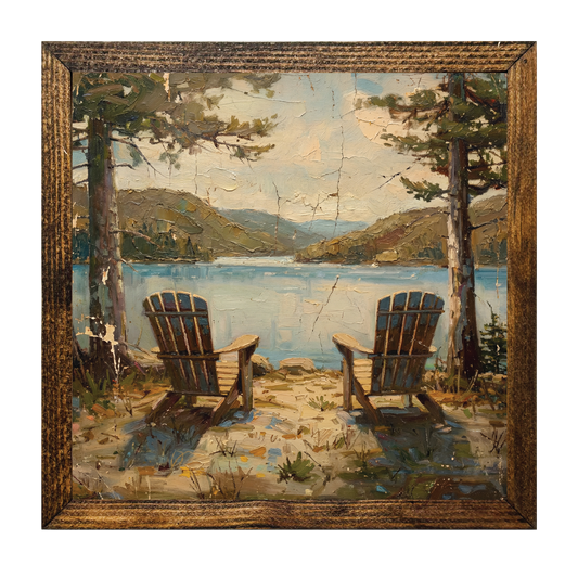 TIMBERLAND FRAME OIL PAINTING ADIRONDACK CHAIRS LAKE