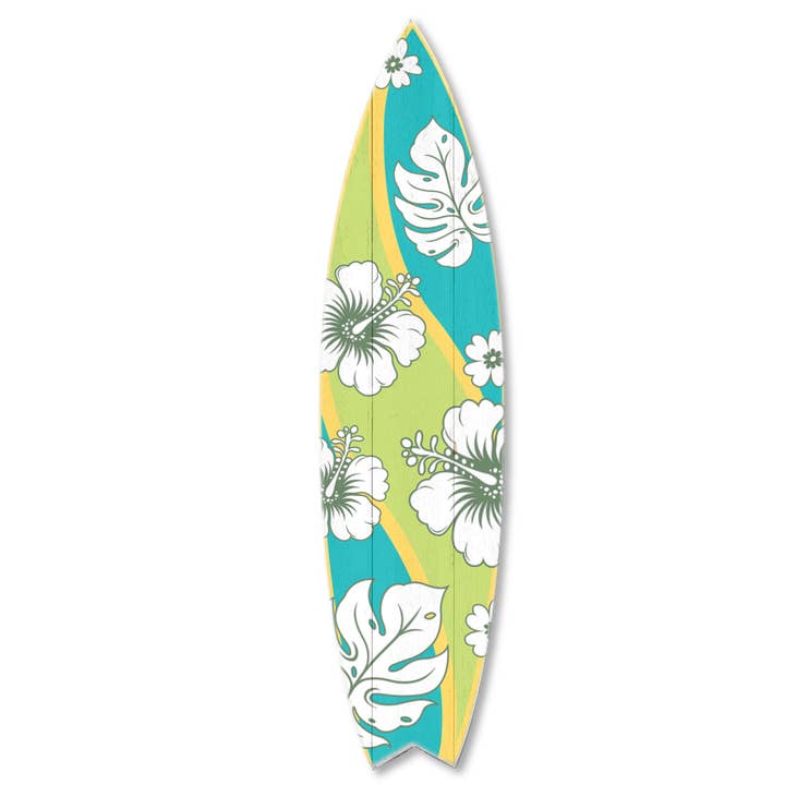 MINI 23" SURF BOARD WALL ACCENT TEAL BLUE HIBISCUS WAVE