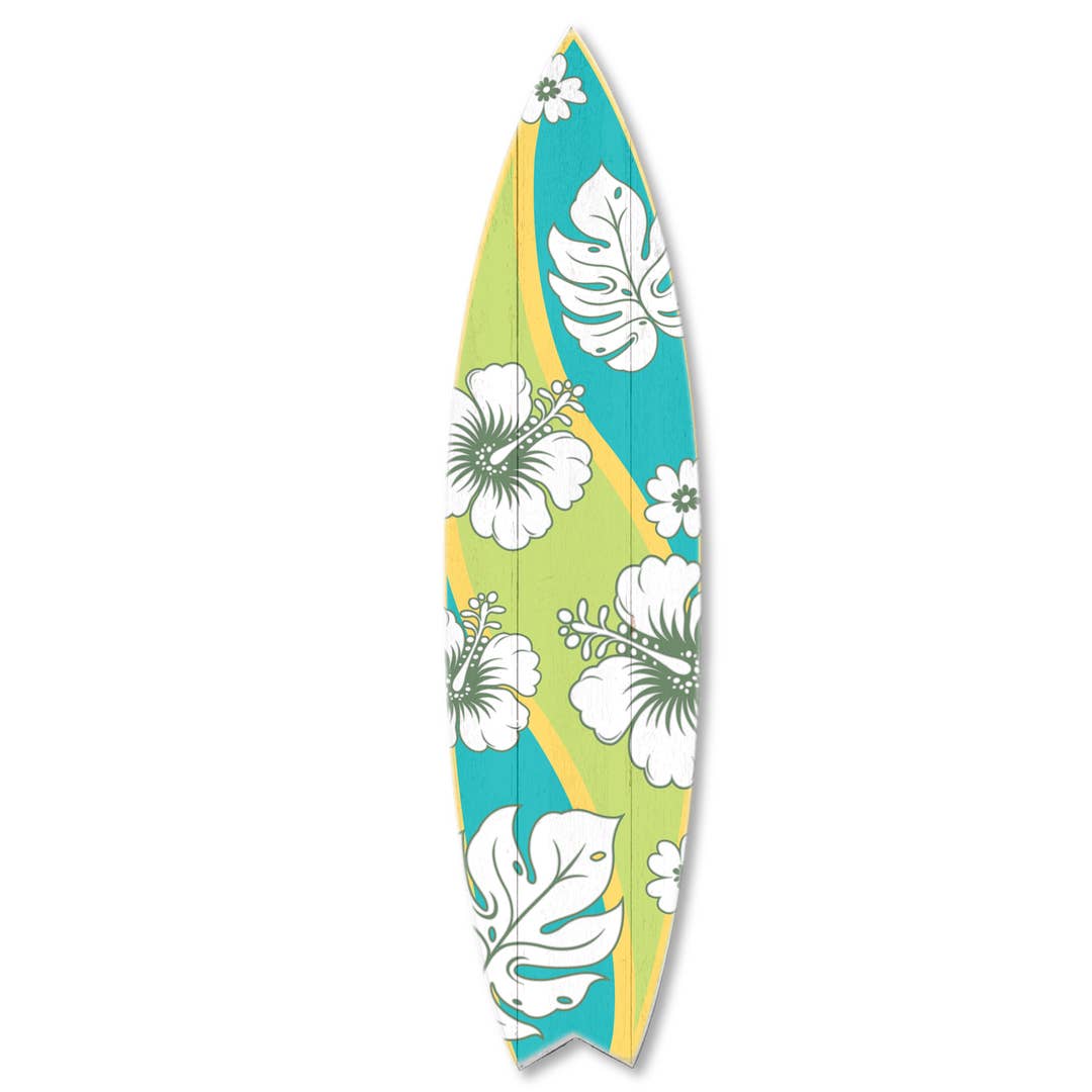 SURF BOARD WALL ACCENT TEAL BLUE HIBISCUS WAVE