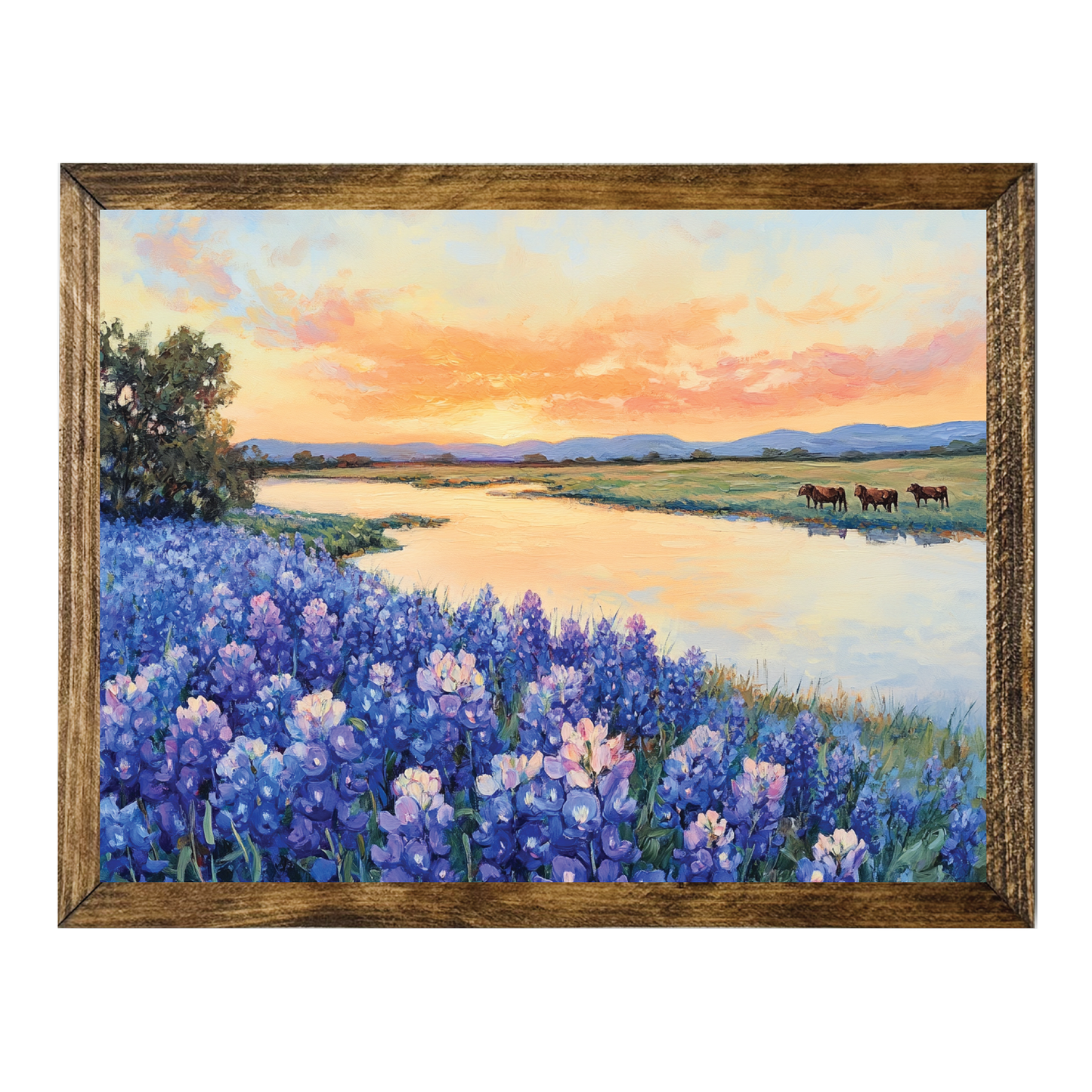 TIMBERLAND FRAME SUNSET OVER BLUEBONNET FIELD WITH HORSES