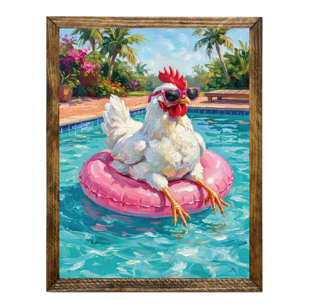 TIMBERLAND FRAME CHICKEN IN THE POOL FLOATING AROUND