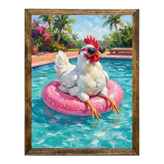 TIMBERLAND FRAME CHICKEN IN THE POOL FLOATING AROUND