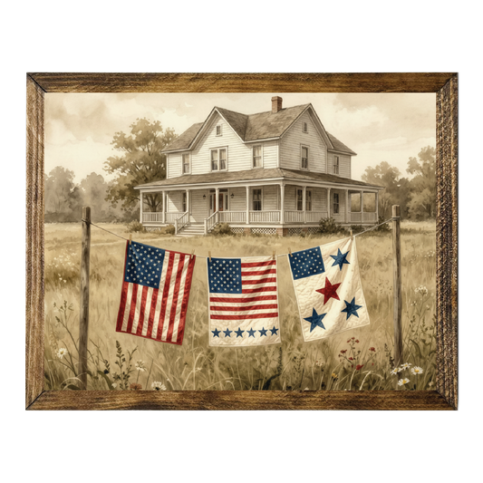 TIMBERLAND FRAME FARMHOUSE WITH RED WHITE BLUE YARD FLAGS