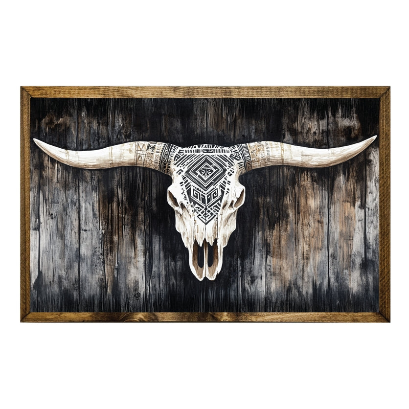 TIMBERLAND FRAME TRIBAL LONGHORN SKULL WALL ART ON RUSTIC