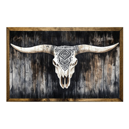 TIMBERLAND FRAME TRIBAL LONGHORN SKULL WALL ART ON RUSTIC