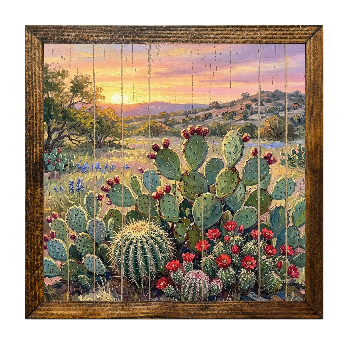TIMBERLAND FRAME OIL PAINTING CACTUS PLANT AT SUNSET