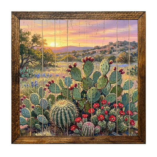 TIMBERLAND FRAME OIL PAINTING CACTUS PLANT AT SUNSET