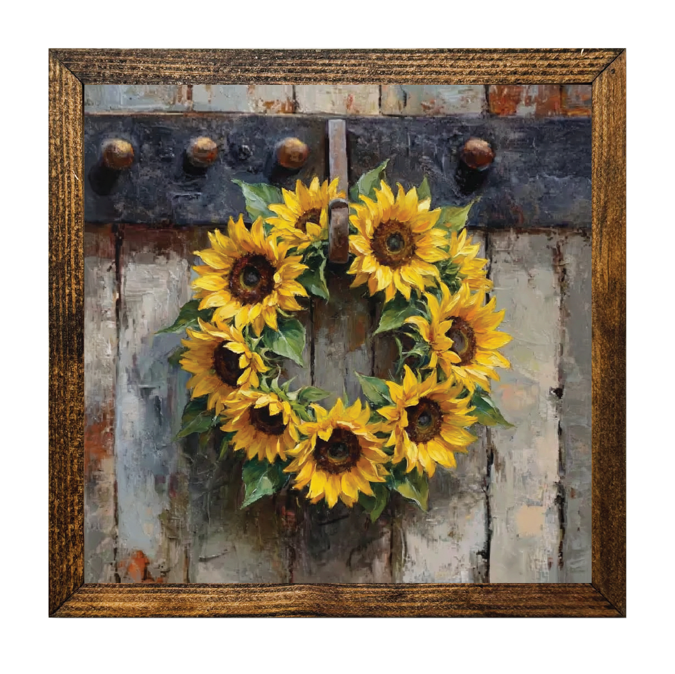 TIMBERLAND FRAME OLD DOOR SUNFLOWER WREATH