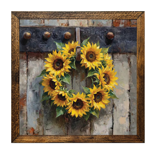 TIMBERLAND FRAME OLD DOOR SUNFLOWER WREATH