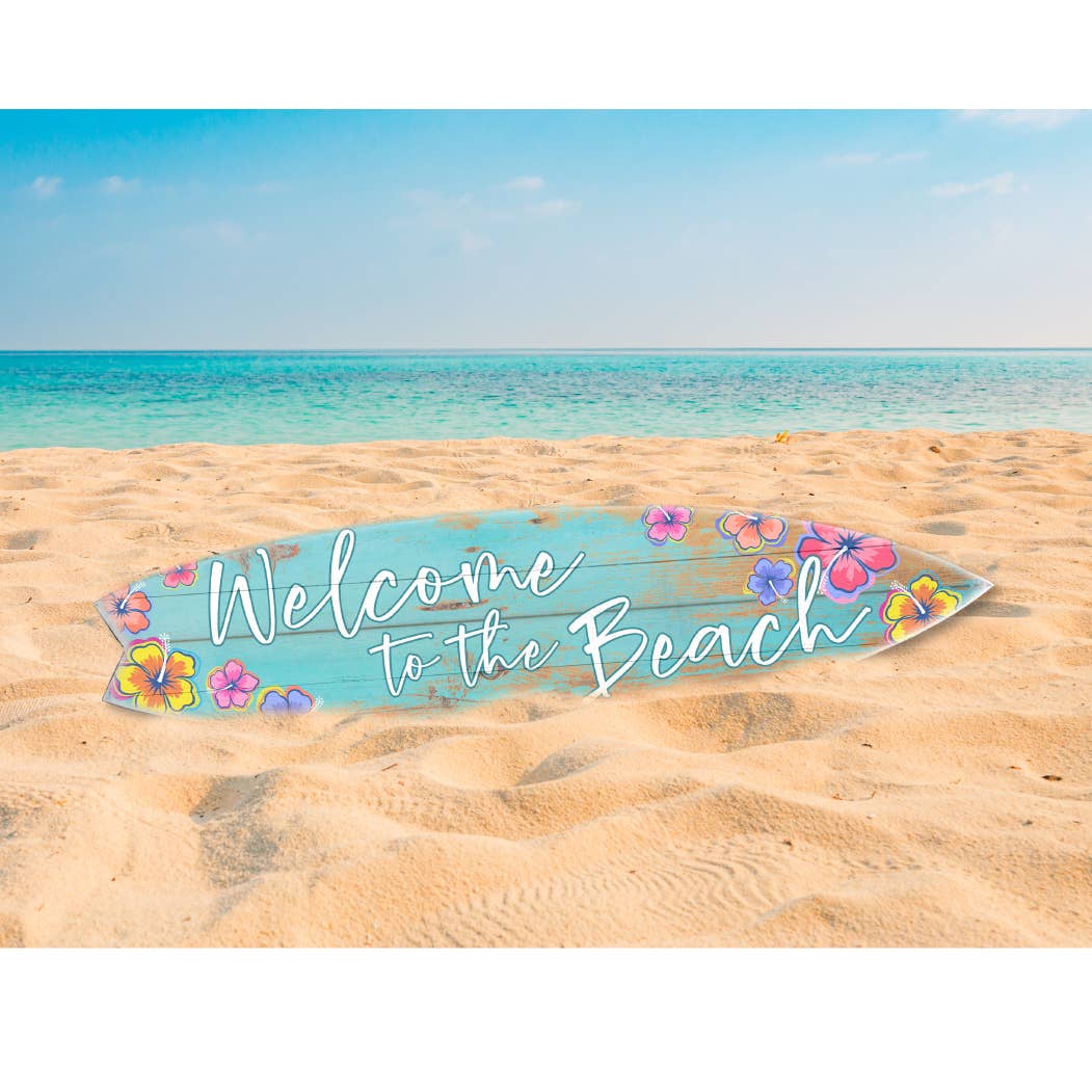 SURF BOARD WALL ACCENT WELCOME TO THE BEACH TEAL HIBISCUS