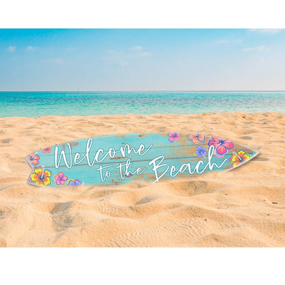 SURF BOARD WALL ACCENT WELCOME TO THE BEACH TEAL HIBISCUS