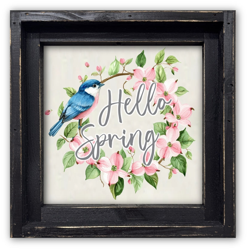FRAMED CANVAS HELLO SPRING BLUE BIRD FLORAL