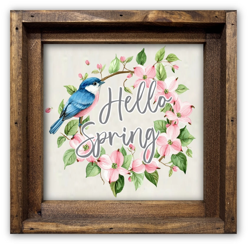 FRAMED CANVAS HELLO SPRING BLUE BIRD FLORAL