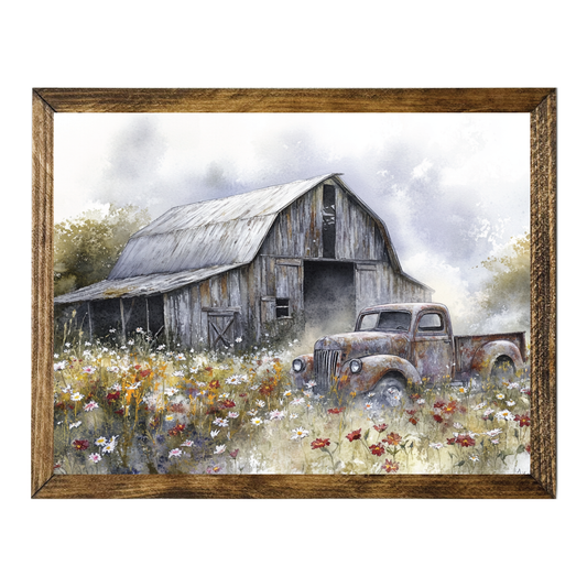 TIMBERLAND FRAME BARN AND VINTAGE TRUCK IN WILDFLOWER FIELD